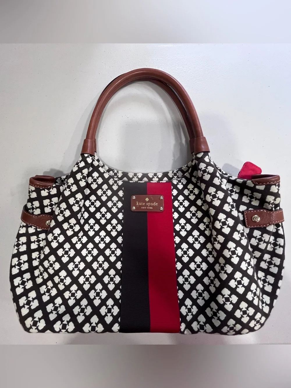 Kate Spade Brown Cream Spade Print Canvas Satchel Handbag